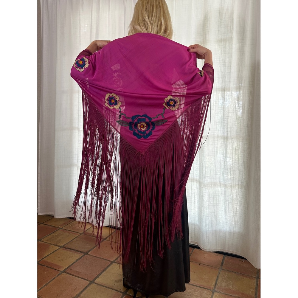 Vintage rayon embroidered fringe piano shawl